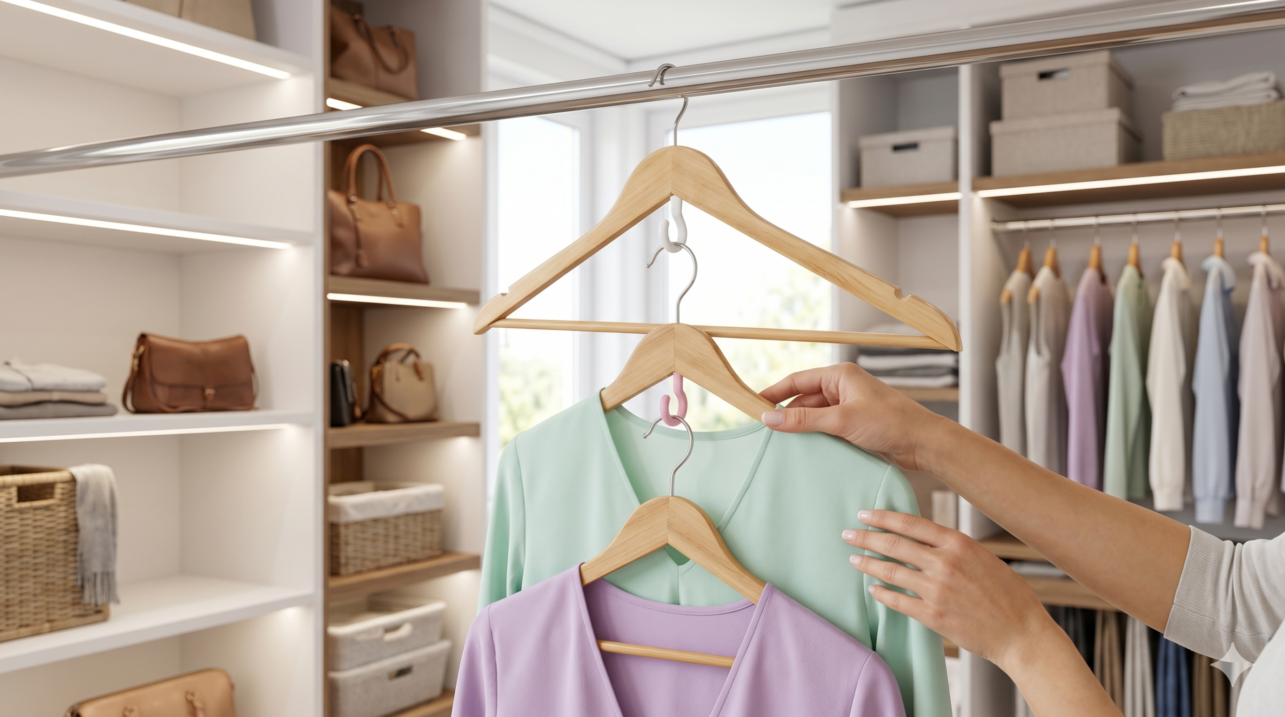 Mãos organizando blusas em cascata usando mini ganchos extensores de plástico para conectar cabides de madeira, mostrando um truque de como organizar guarda-roupas pequeno e ganhar espaço vertical.