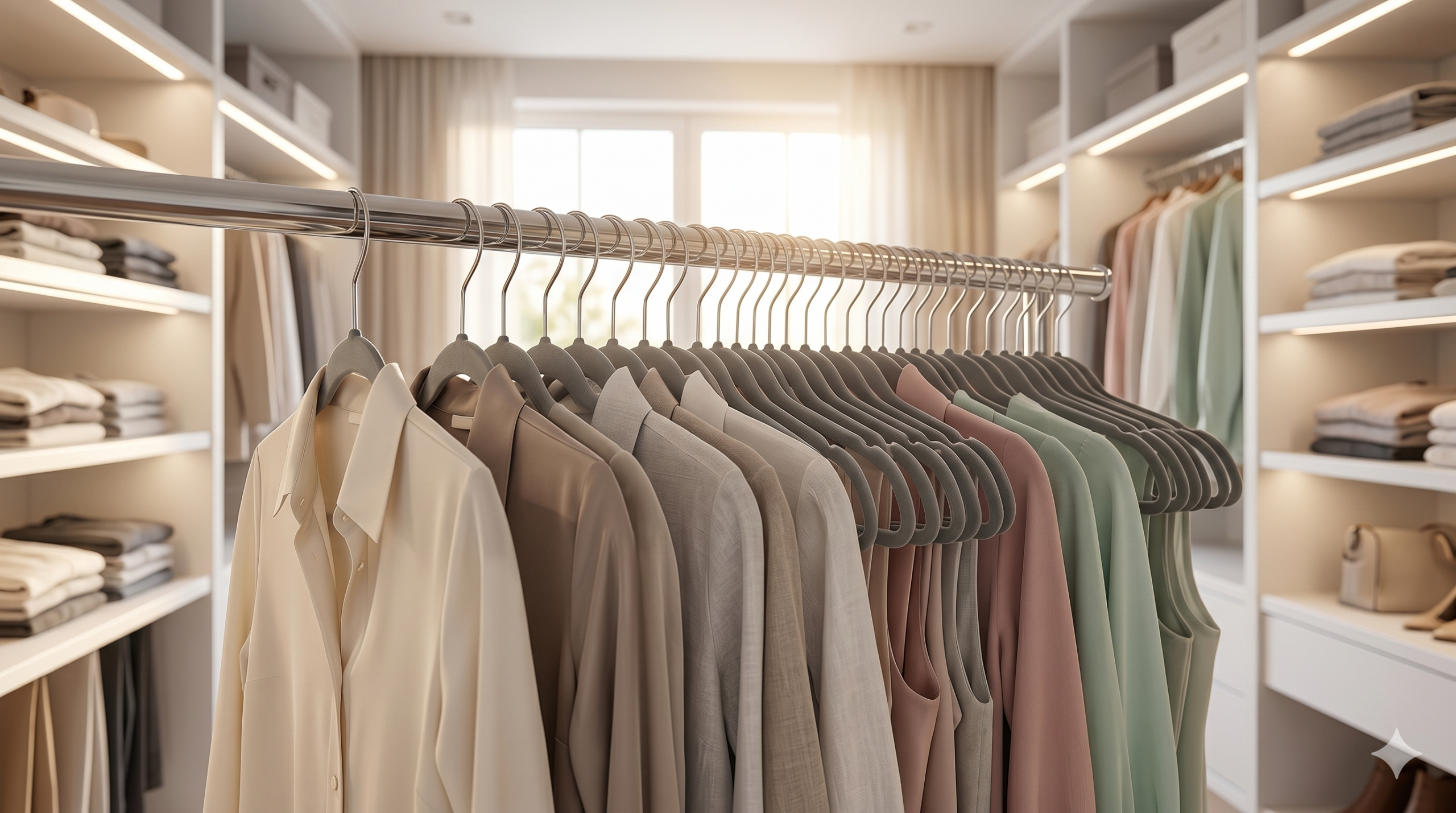 Uma longa fileira de roupas neutras e coloridas penduradas perfeitamente alinhadas em cabides de veludo cinza ultra finos e antiderrapantes, mostrando como economizar espaço em um closet moderno e bem organizado.