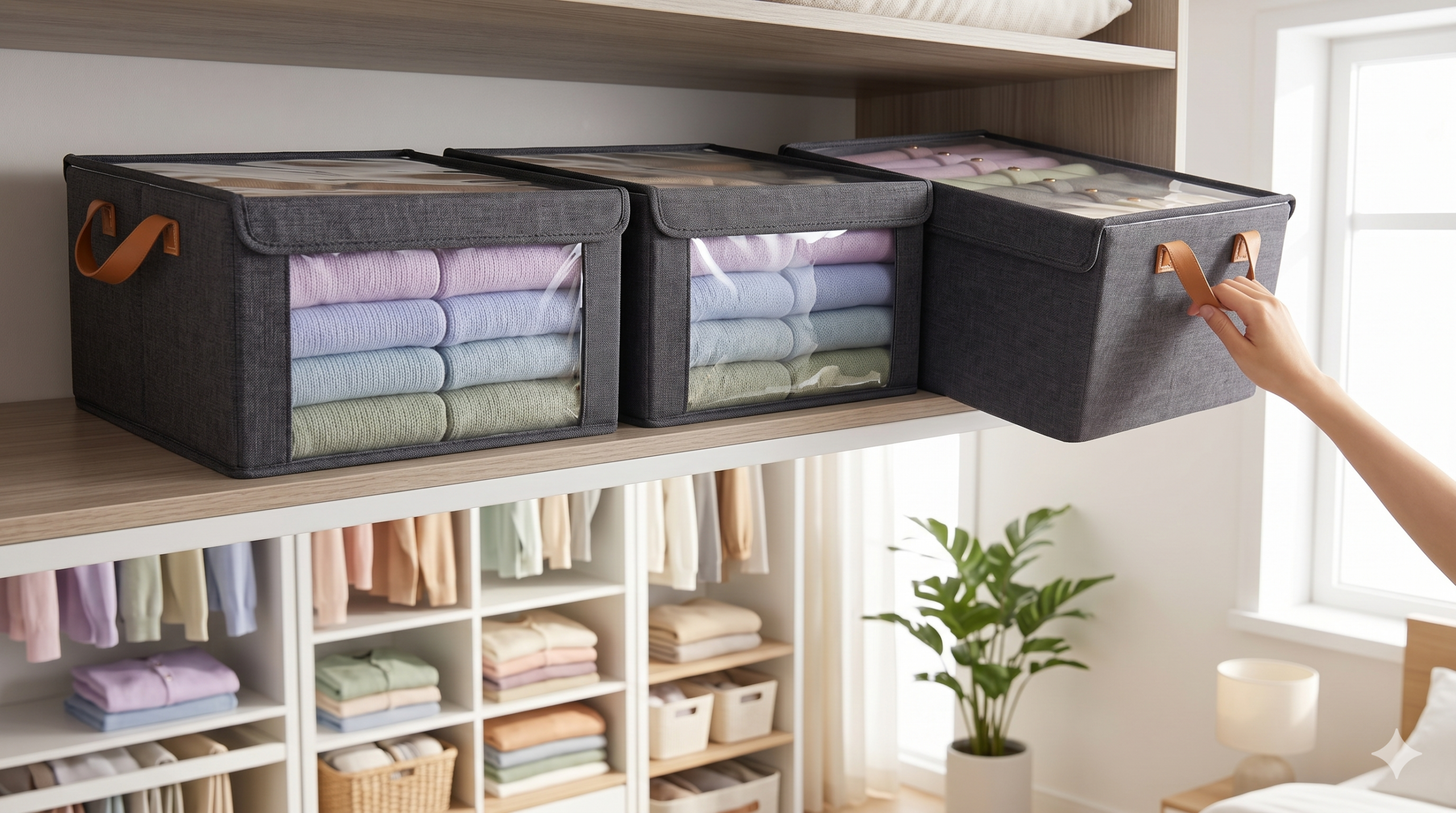 Três caixas organizadoras de tecido cinza com visor transparente e alças de couro alinhadas no maleiro de um guarda-roupas pequeno e moderno, mostrando como organizar roupas com praticidade e visibilidade.