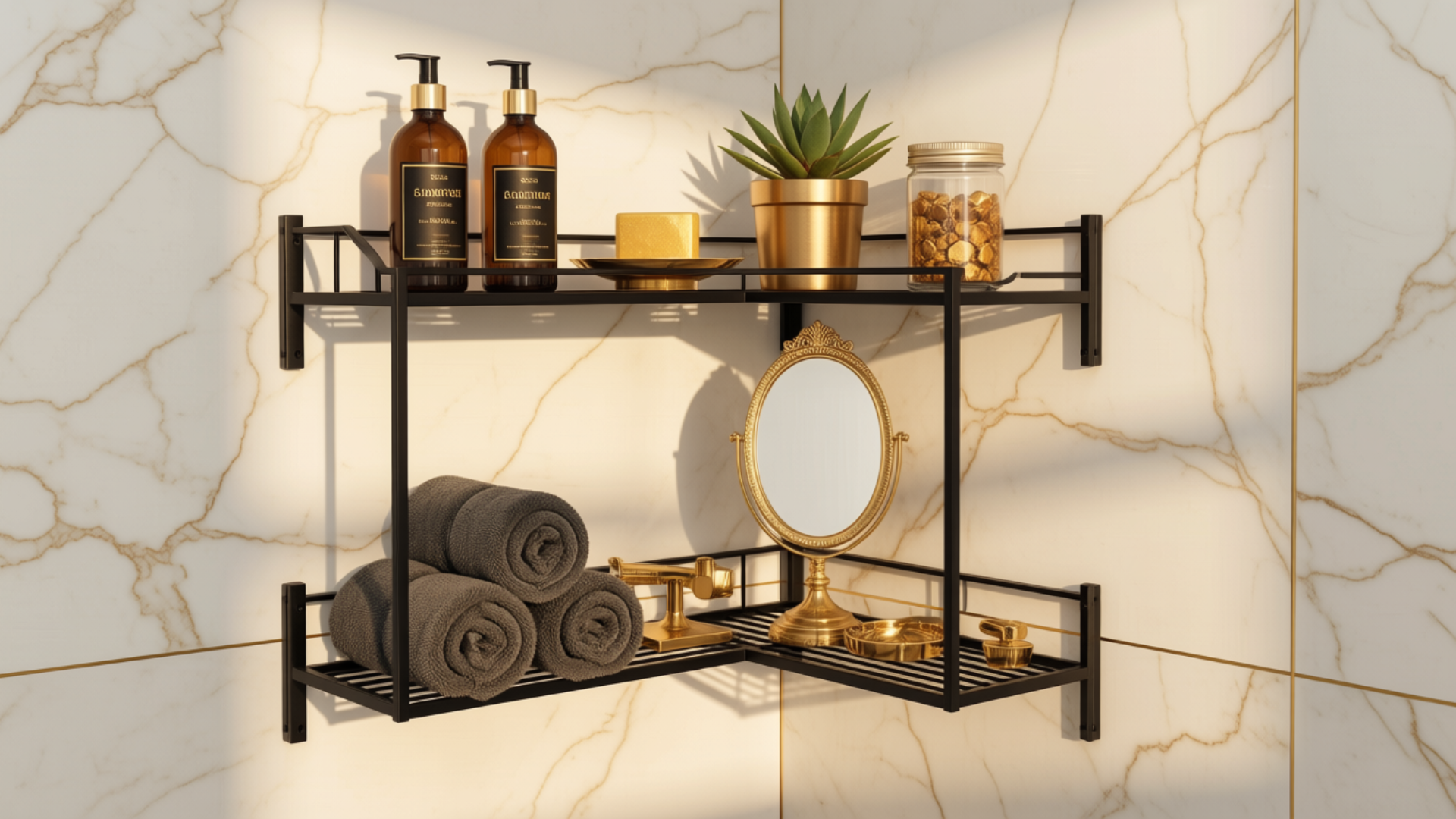 Duas cantoneiras adesivas de canto em metal preto instaladas em um box de banheiro com azulejos de mármore branco, organizando frascos de shampoo, sabonete e toalhas.