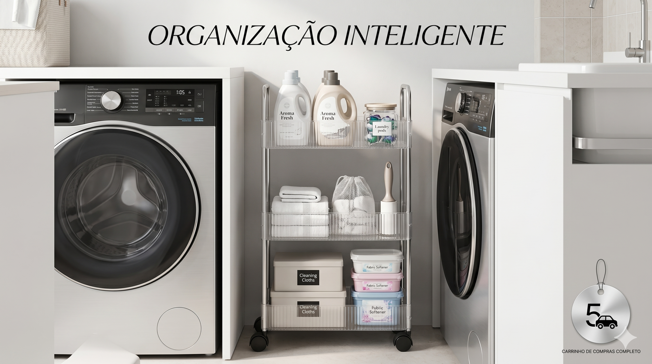 Montagem de antes e depois mostrando um carrinho organizador multiuso transparente: à esquerda com livros e caixas em um quarto, e à direita organizado com produtos de limpeza ao lado de uma máquina de lavar em uma lavanderia moderna.