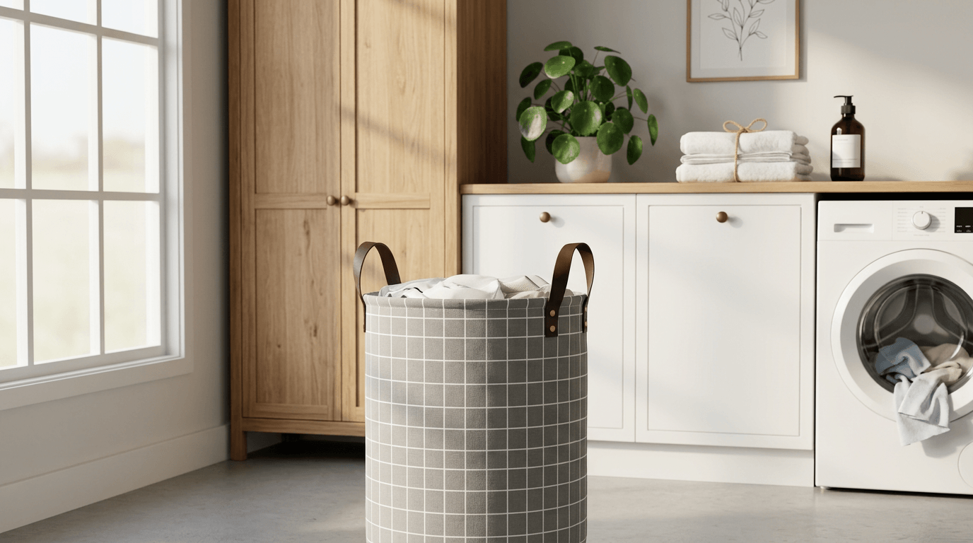 Cesto de roupa dobrável feito de tecido impermeável com estampa geométrica moderna e alças de couro, posicionado ao lado de um armário em um quarto organizado.
