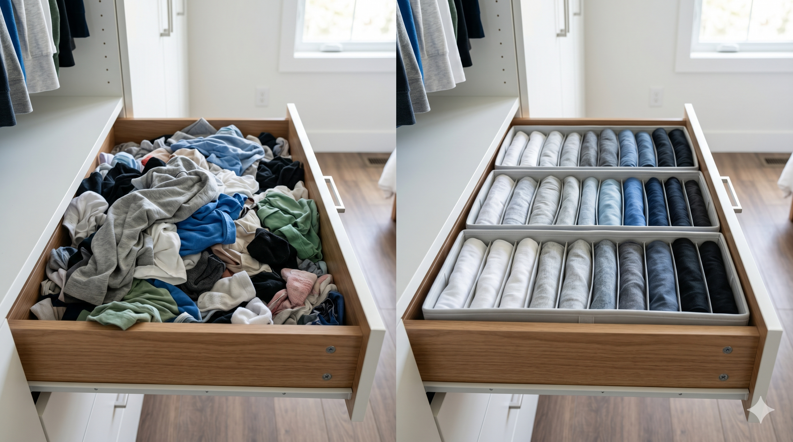 Comparação de antes e depois de uma gaveta de armário demonstrando como organizar guarda-roupas pequeno. O lado esquerdo exibe roupas bagunçadas e o lado direito mostra a mesma gaveta perfeitamente organizada com colmeias organizadoras de tecido e camisetas dobradas em pé por cor.