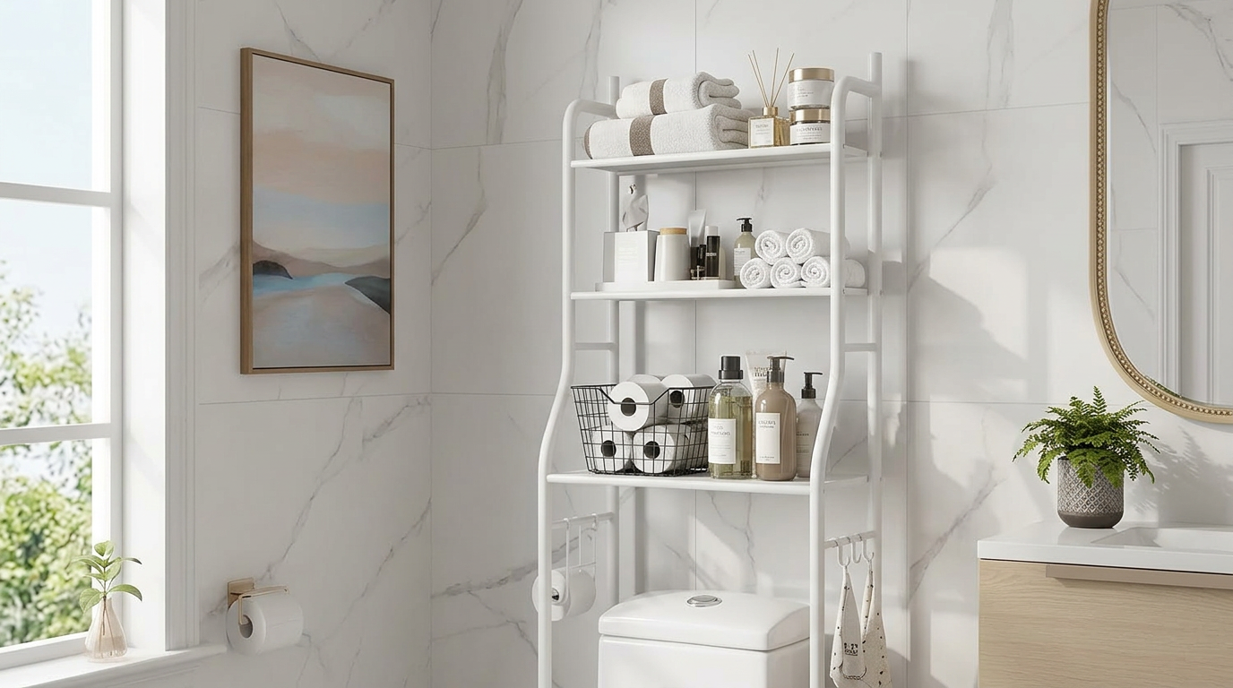 Estante organizadora de metal branca com três prateleiras instalada sobre o vaso sanitário, contendo toalhas, papel higiênico e cosméticos em um banheiro moderno com revestimento de mármore.