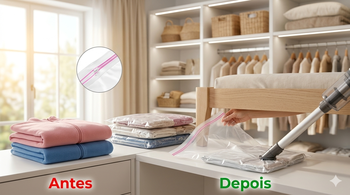 Comparação de antes e depois de blusas de frio volumosas compactadas em sacos organizadores a vácuo com fechamento bilateral, usando um aspirador de pó em um closet moderno e iluminado.