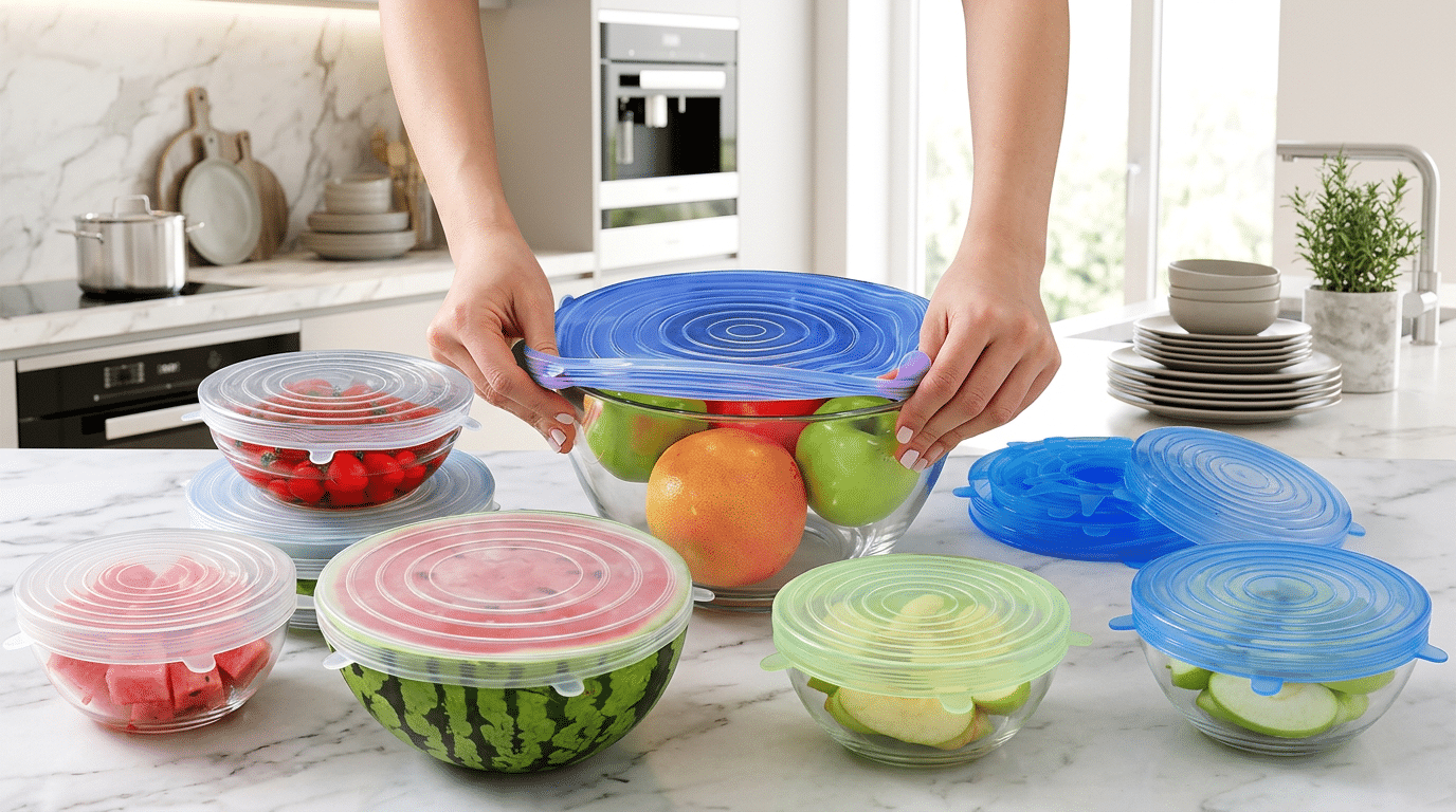 Mãos esticando tampa de silicone azul elástica sobre tigela de vidro com frutas em uma cozinha moderna, cercada por potes e melancia selados hermeticamente