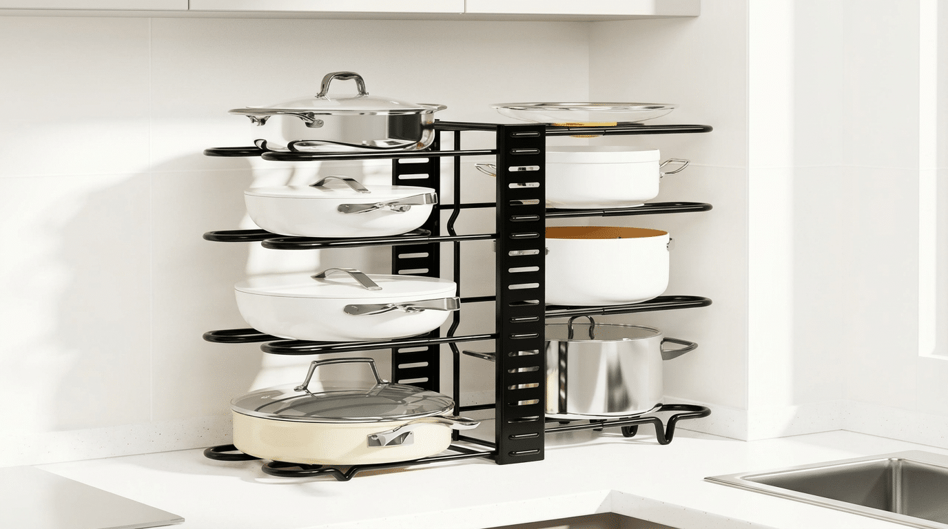 Organizador de panelas e pratos ajustável de metal preto montado dentro de um armário de cozinha branco, segurando várias panelas e tampas de forma organizada.