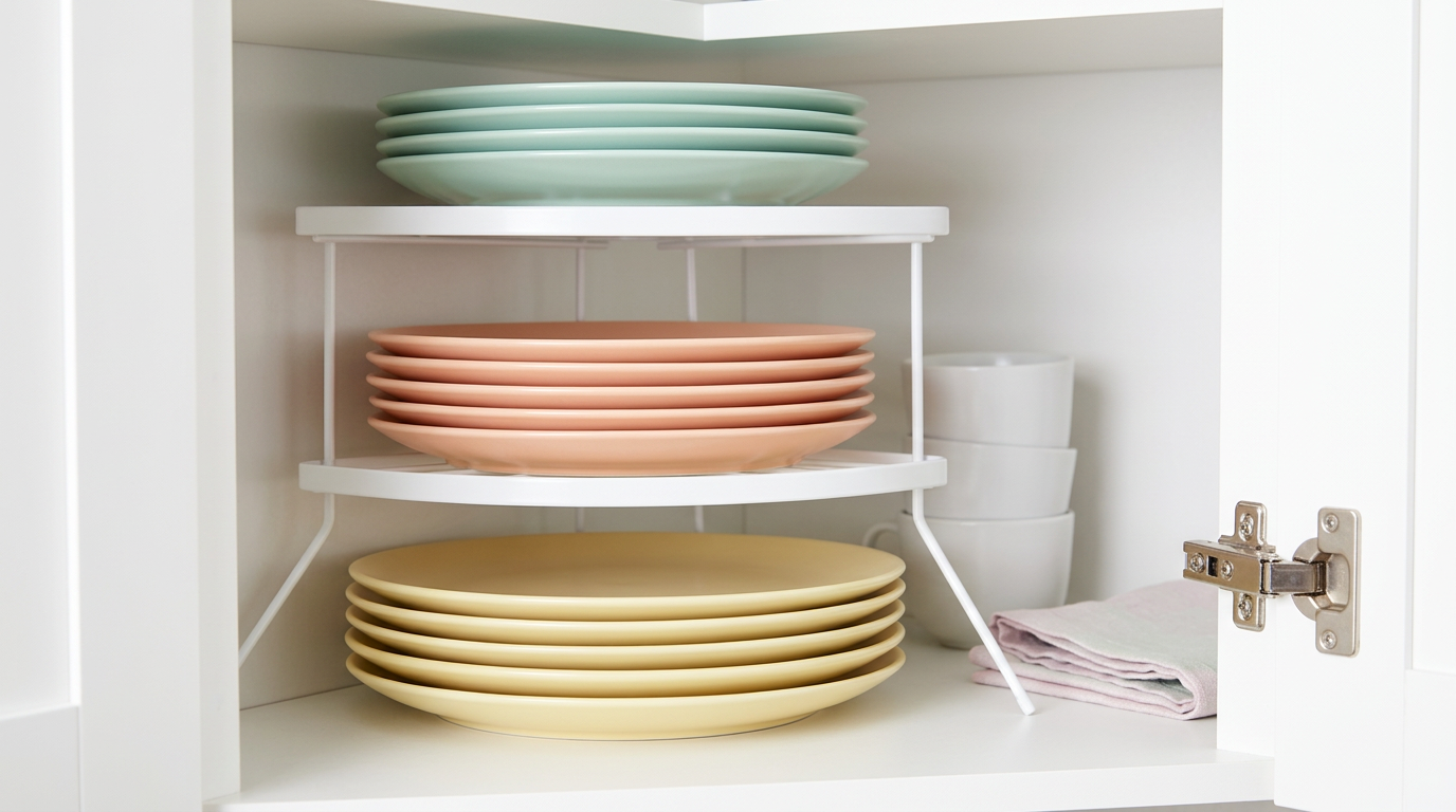 Rack organizador de canto aramado branco posicionado dentro de armário de cozinha, segurando pratos coloridos empilhados em três níveis diferentes.