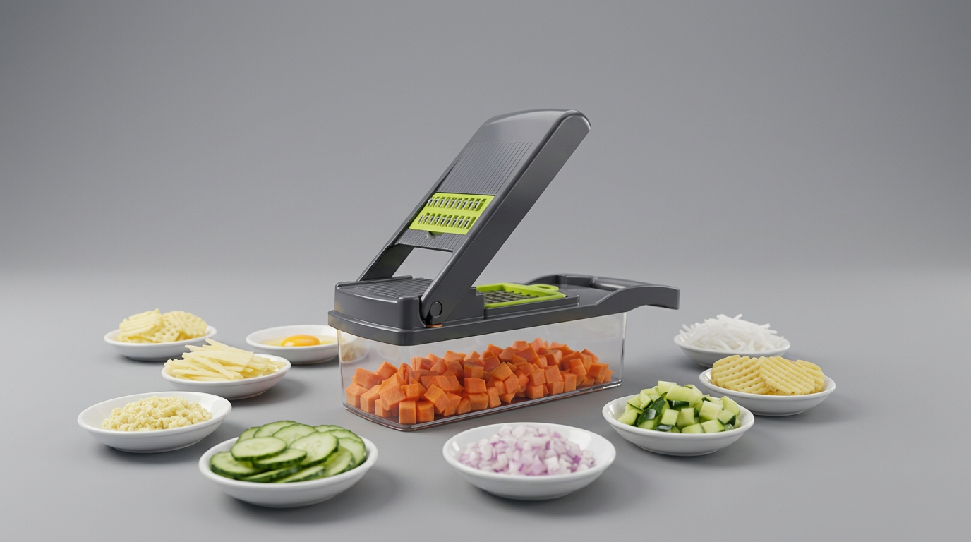 Cortador e fatiador de legumes multifuncional manual com recipiente cinza e verde cortando cenouras em cubos.