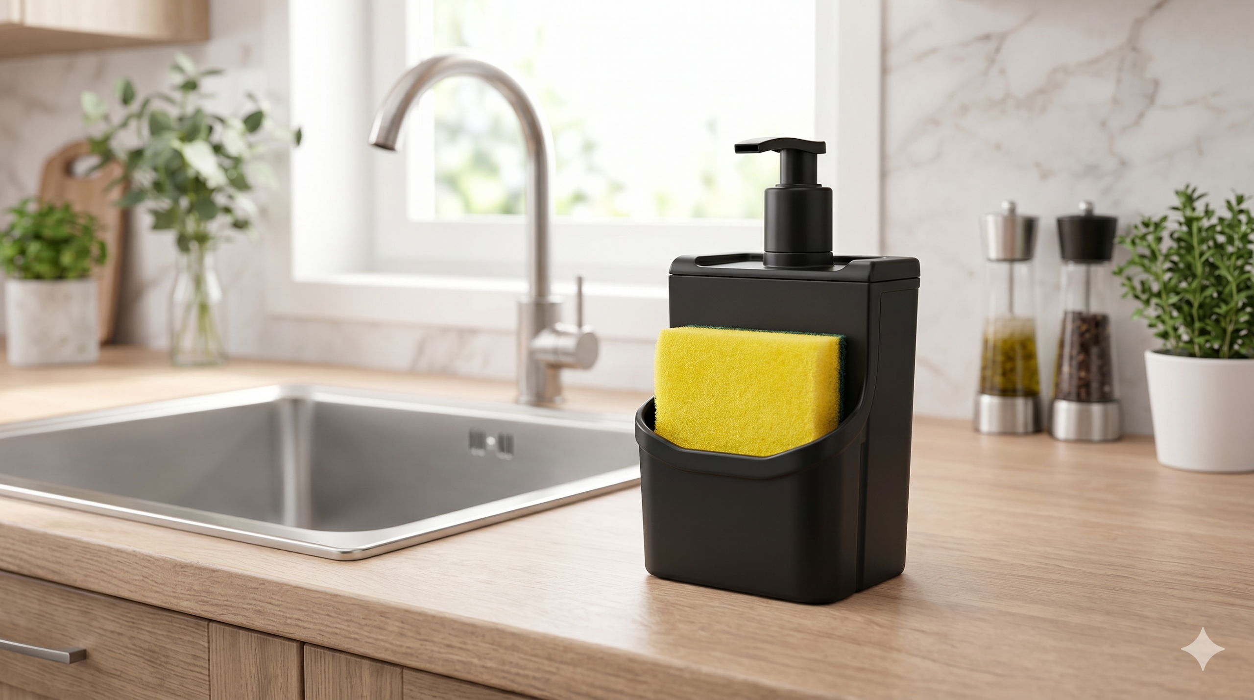 Dispenser de detergente 2 em 1 preto fosco com suporte para esponja posicionado ao lado de uma pia de cozinha moderna e limpa.
