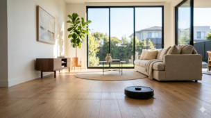 Robô aspirador de pó preto limpando o piso de madeira de uma sala de estar moderna e iluminada, exemplificando o uso de gadgets de limpeza inteligente para economizar tempo na faxina.