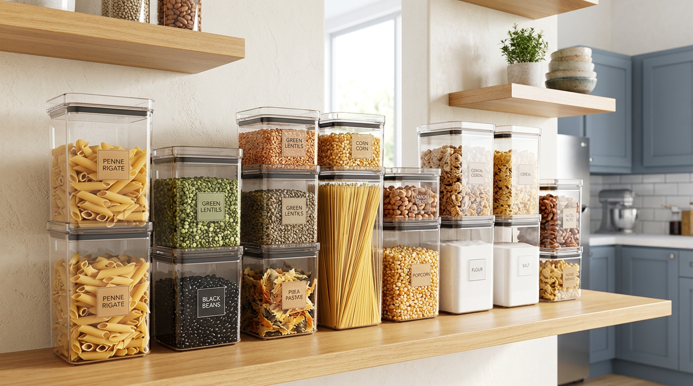 Kit de potes herméticos quadrados e empilháveis de acrílico transparente cheios de macarrão, grãos e cereais organizados em uma prateleira de cozinha moderna.