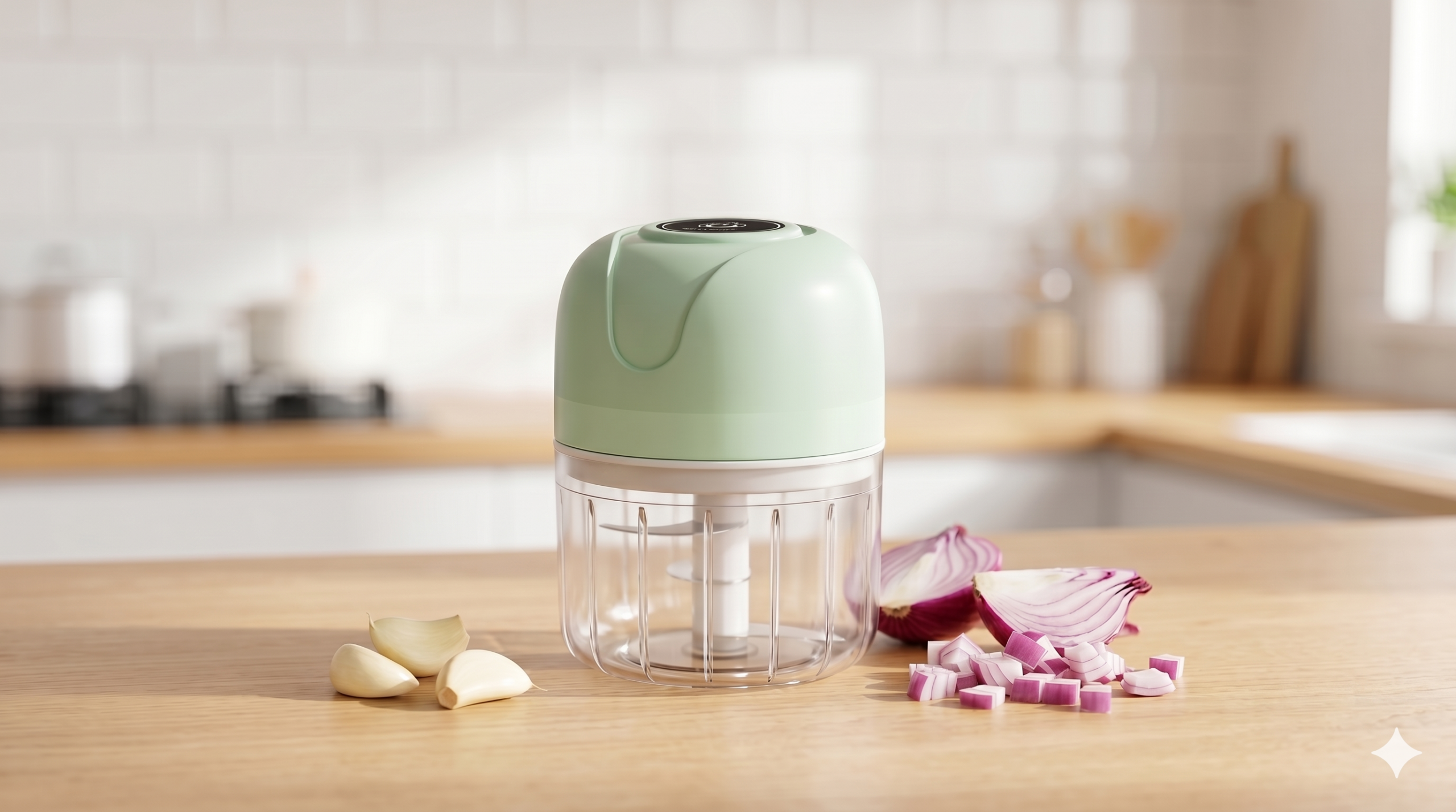 Mini processador elétrico de alimentos portátil na cor verde claro com detalhes em preto na tampa, posicionado em uma bancada de madeira com dentes de alho e cebola roxa picada ao lado.