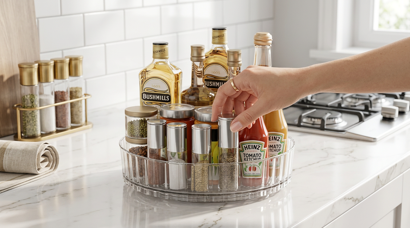 Organizador giratório transparente Lazy Susan com potes de tempero e garrafas de azeite sobre bancada de cozinha moderna e iluminada.
