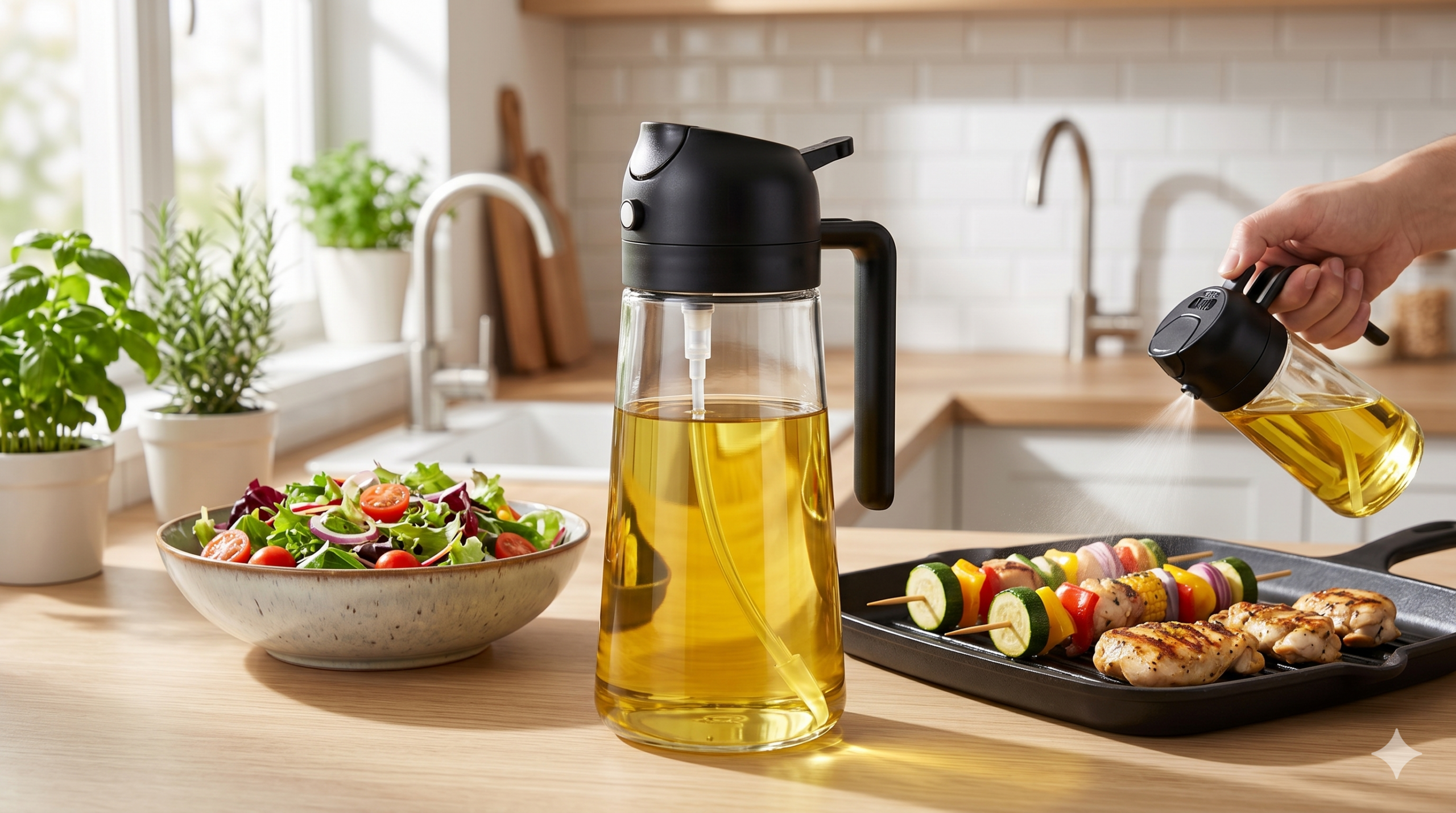 Spray pulverizador e galheteiro de azeite e óleo 2 em 1 de vidro com alça preta, sendo usado para temperar uma salada e uma grelha de legumes em uma cozinha moderna.