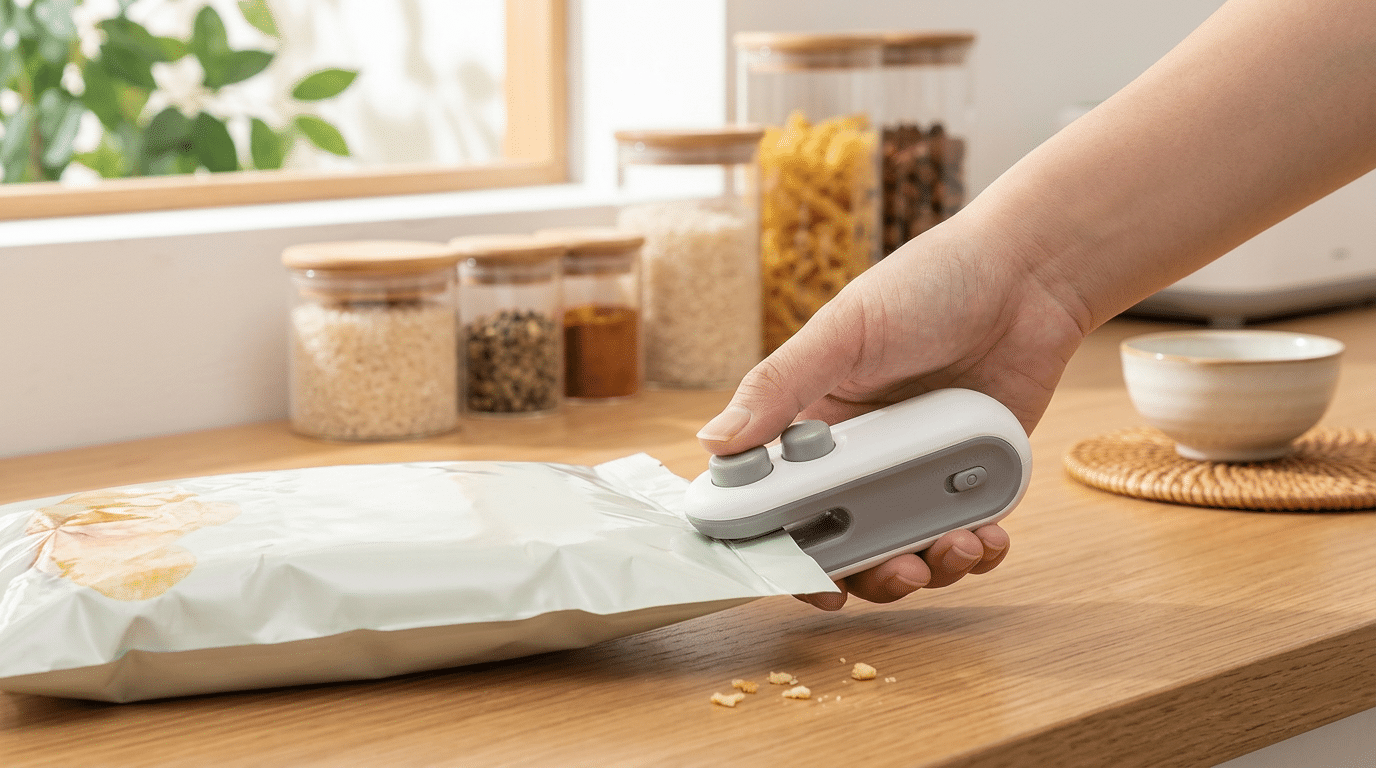 Mão utilizando mini seladora térmica portátil para lacrar perfeitamente um pacote de batatas fritas aberto sobre bancada de cozinha.