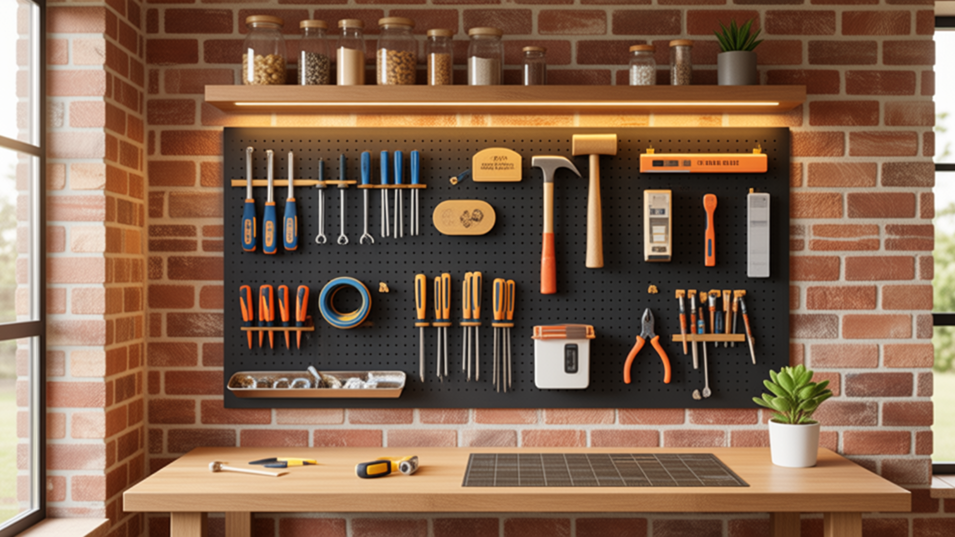Painel organizador perfurado pegboard preto montado em parede de tijolos vermelhos de oficina organizada, segurando uma variedade de ferramentas premium (chaves de fenda, martelos, alicates, trenas) com marca Sua Casa Útil.
