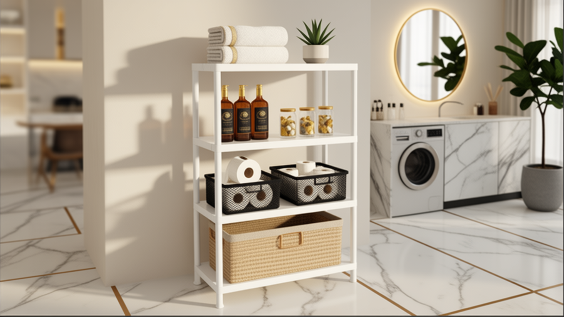 Prateleira modular branca de metal com 4 andares perfeitamente organizada com toalhas premium, frascos de vidro âmbar com sabão e amaciante artesanal e cestas de arame com itens de higiene, em uma lavanderia de luxo com mármore Calacatta e luz 'golden hour'.